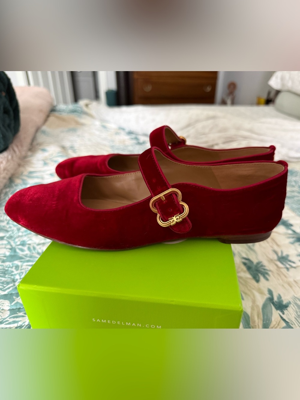 Sam Edelman Michaela Mary Jane flats in scarlet red velvet - Picture 9 of 11